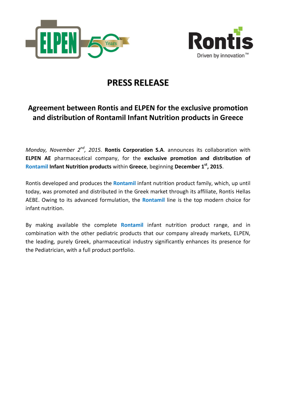 Agreement between Rontis and ELPEN for the exclusive promotion and distribution of Rontamil Infant Nutrition products in Greece